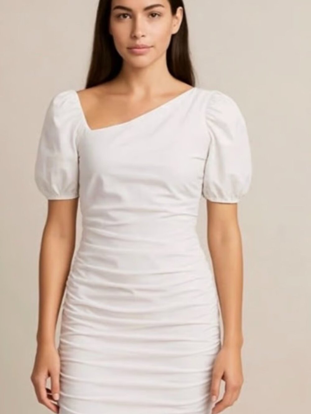 Anthropologie Maeve Elegant White Puff Sleeve Dress Sz M Ruched Stretchy